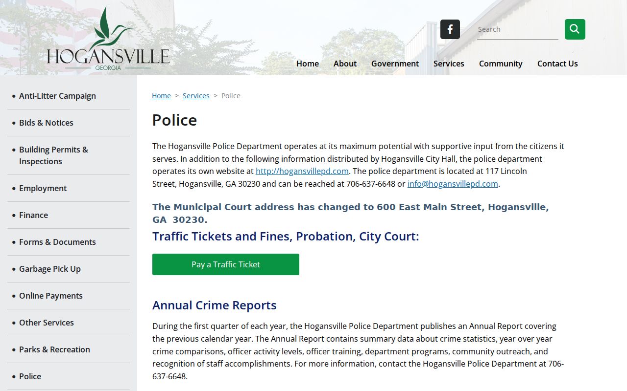 Troup County traffic warrant contact on the Hogansville Police page